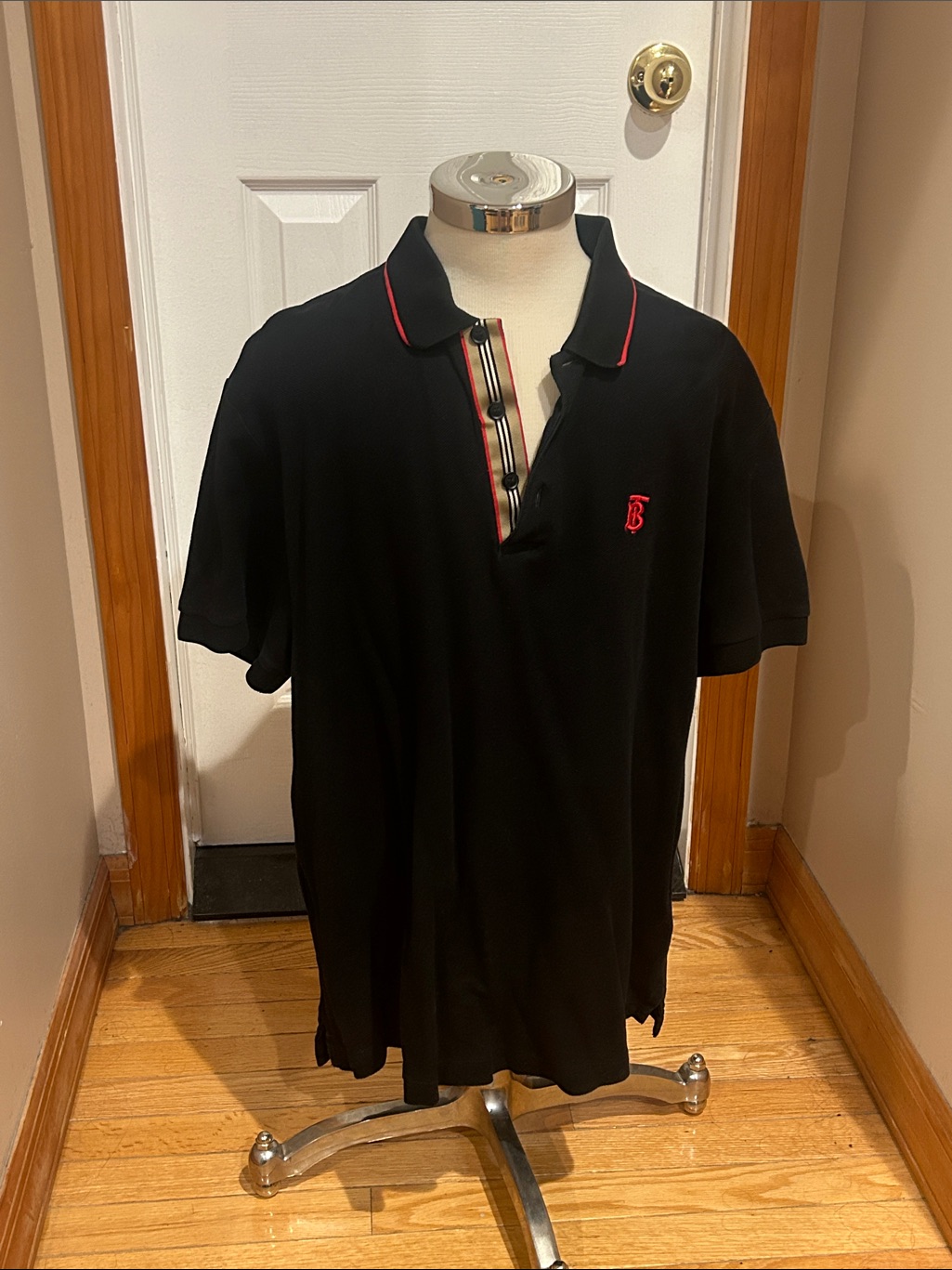 Burberry Black Polo With Red Trim And Striped Placket